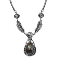 D'Joy Artisan Crafted Blue Horizon Turquoise, White Buffalo 17.65 ctw Feather Necklace in Black Oxidized Sterling Silver 18-20 Inches
