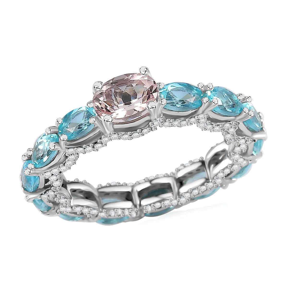 Premium Pink Morganite and Multi Gemstone Eternity Band Ring in Rhodium Over Sterling Silver 4.00 ctw