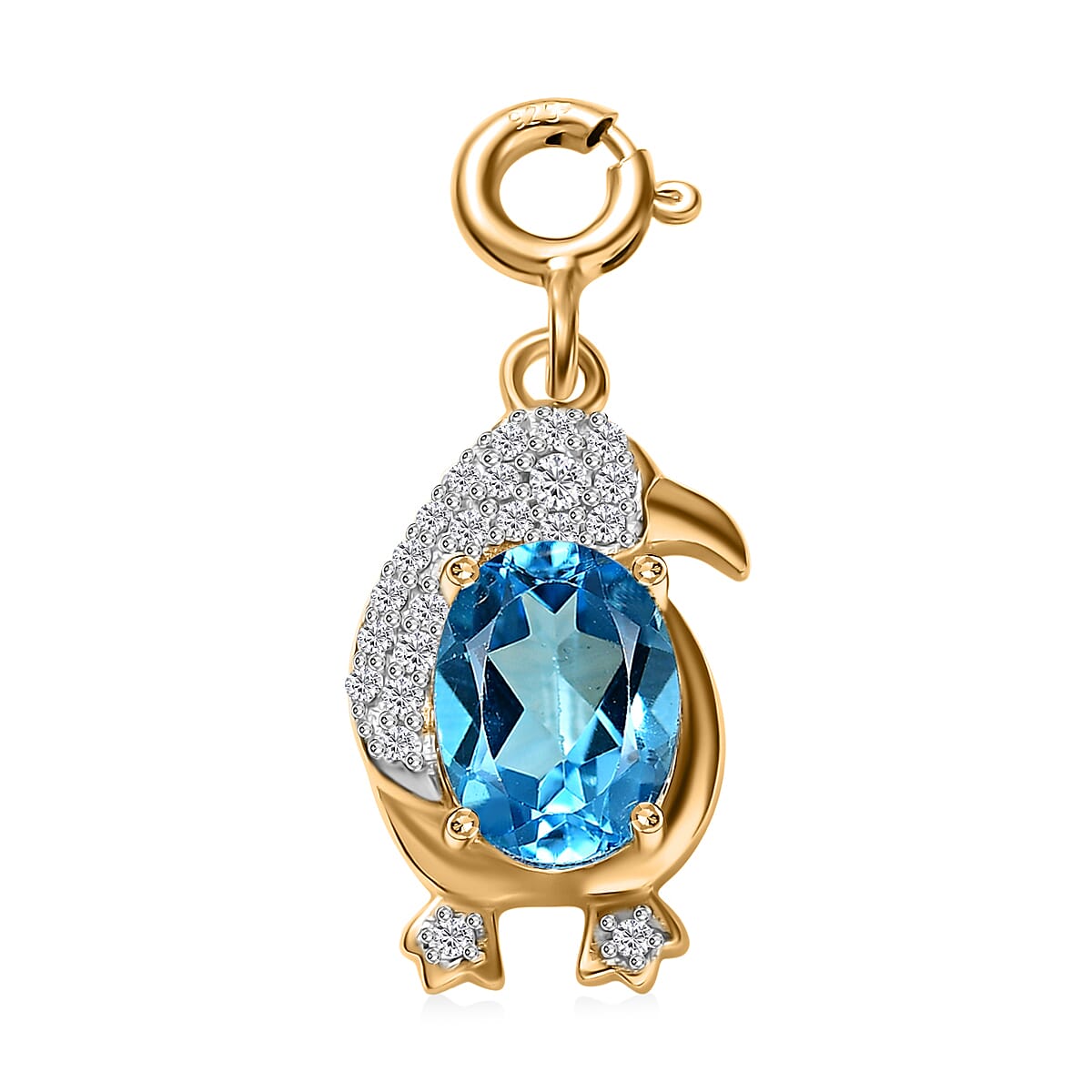 Blue Topaz, White Zircon Penguin Charm in 18K Vermeil YG Over Sterling Silver 1.80 ctw
