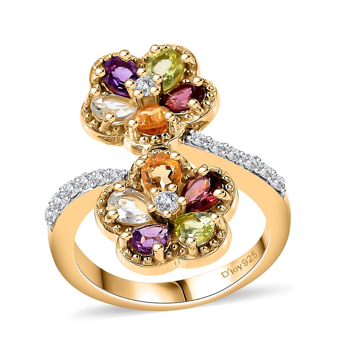 Multi Gemstone Bypass Flower Ring in 18K Vermeil YG Over Sterling Silver (Size 5.0) 2.00 ctw
