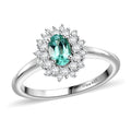 Premium Pirineu Lagoon Tourmaline, Moissanite Sunburst Ring in Rhodium Over Sterling Silver (Size 10.0) 0.80 ctw - Sticky add to cart bar