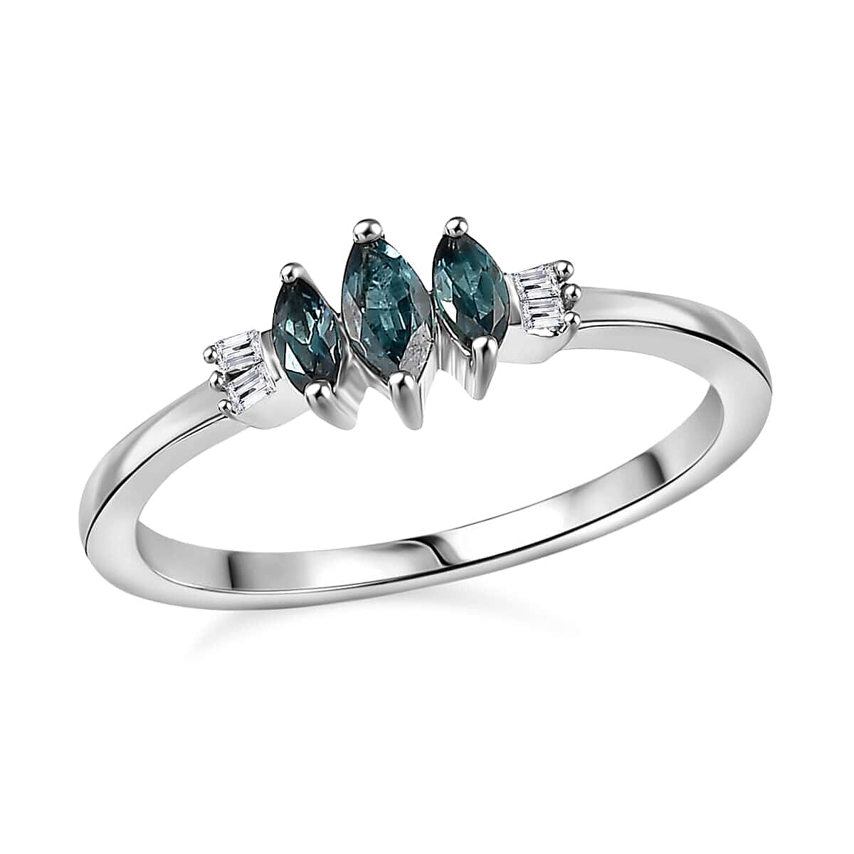 Premium Pirineu Lagoon Tourmaline, Diamond 3 Stone Ring in Rhodium Over Sterling Silver (Size 10.0) 0.30 ctw