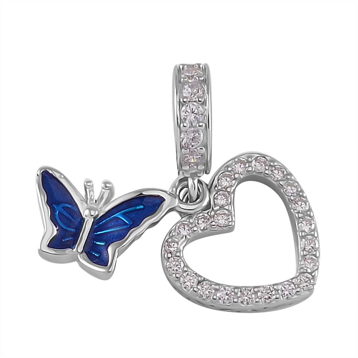 Simulated Diamond and Enameled Charm in Rhodium Over Sterling Silver