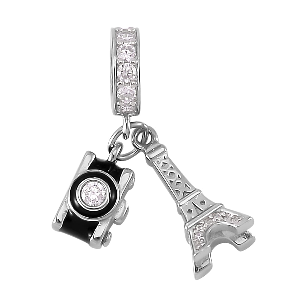 Simulated Diamond Charm in Rhodium Over Sterling Silver