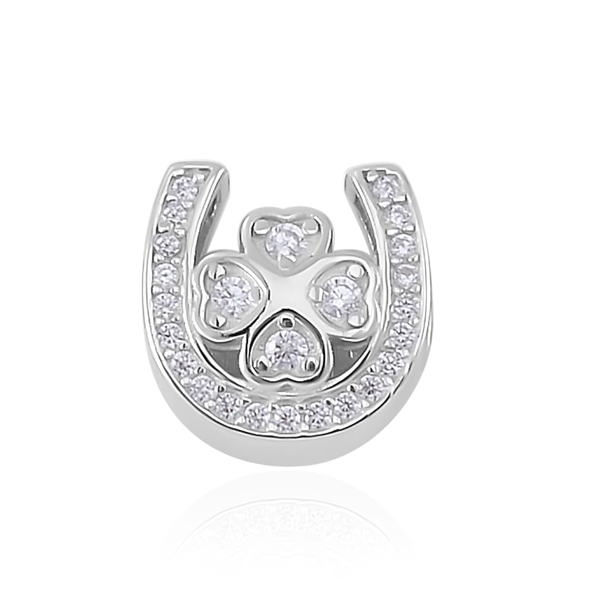Simulated Diamond U-shaped Four Leaf Clover Charm in Rhodium Over Sterling Silver