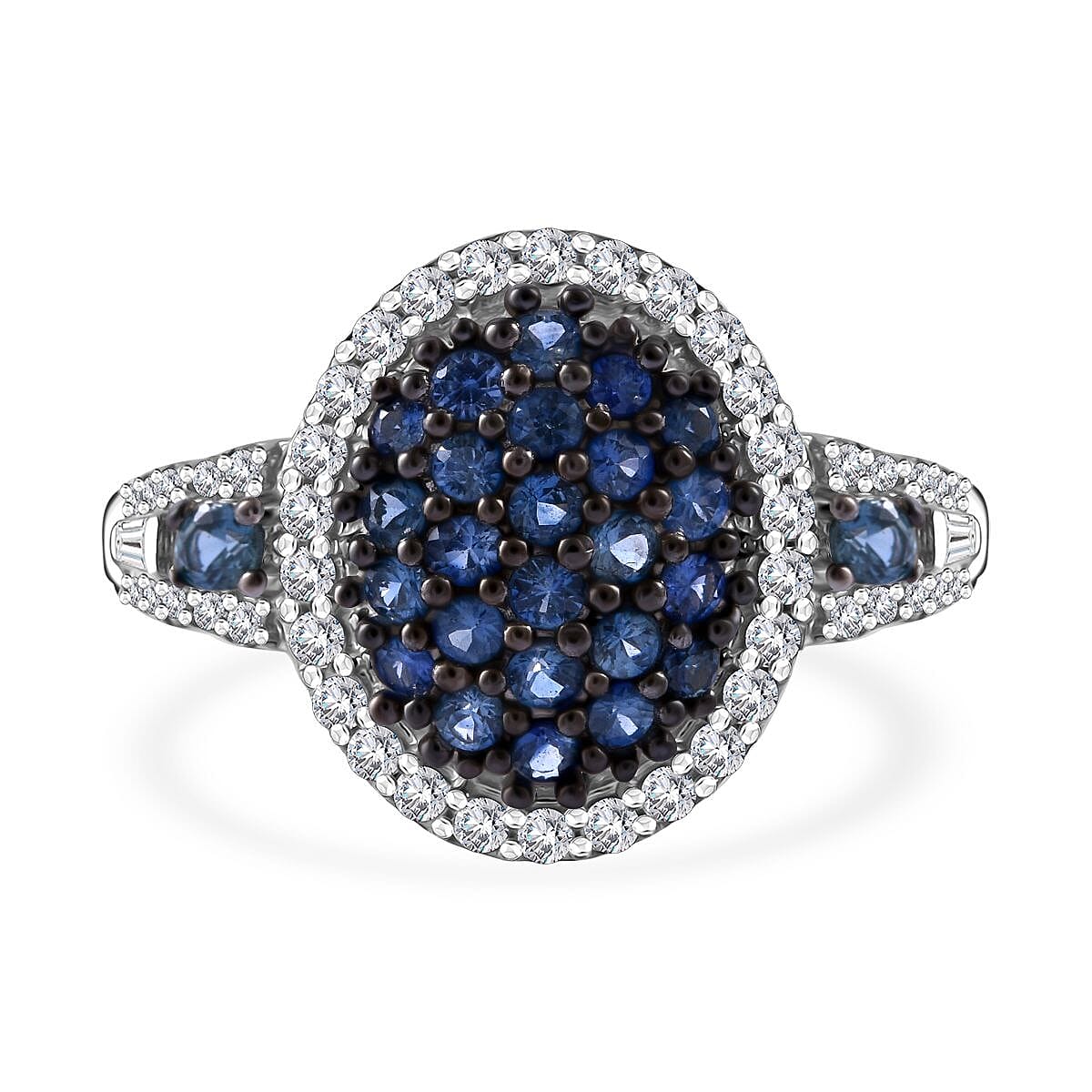 Ceylon Blue Sapphire, Moissanite Cluster Ring in Rhodium Over Sterling Silver (Size 7.0) 1.40 ctw