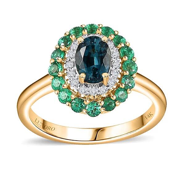 Luxoro 14K Yellow Gold AAA Monte Belo Indicolite, Boyaca Colombian Emerald, Diamond (G-H, I2) (0.16 cts) Floral Ring (Size 6.0) (4 g) 1.52 ctw