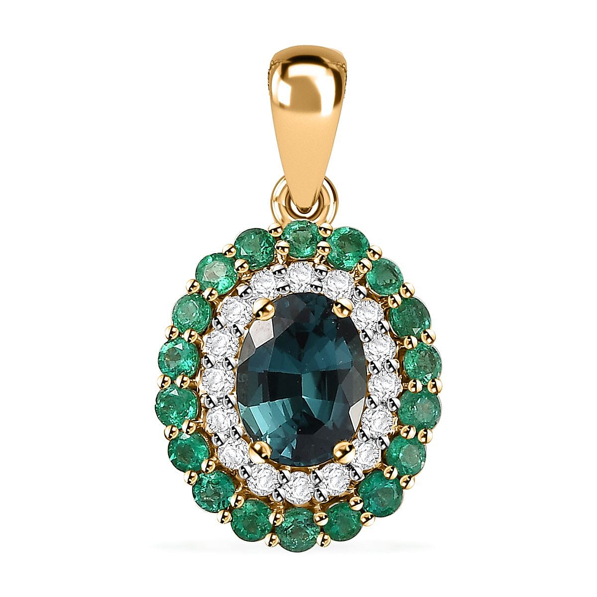 Certified & Appraised Luxoro 14K Yellow Gold AAA Monte Belo Indicolite, Boyaca Colombian Emerald and G-H I2 Diamond Floral Pendant without Chain 2.27 ctw