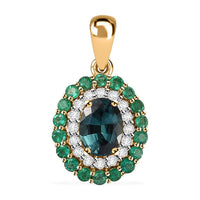 Certified & Appraised Luxoro 14K Yellow Gold AAA Monte Belo Indicolite, Boyaca Colombian Emerald and G-H I2 Diamond Floral Pendant without Chain 2.27 ctw