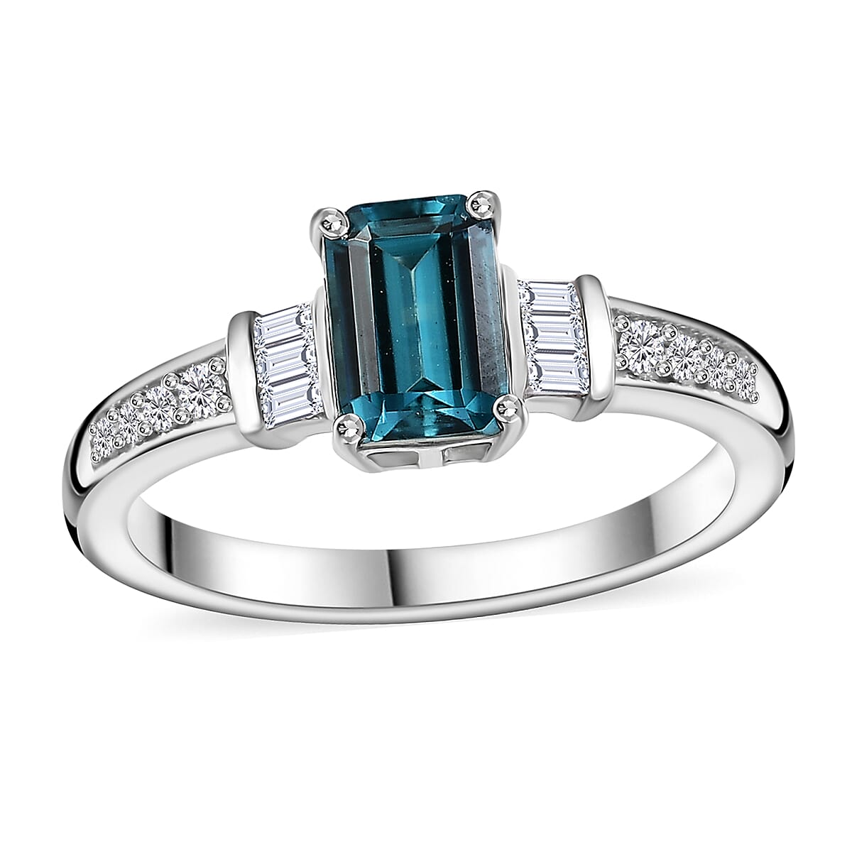 Premium Monte Belo Indicolite, Moissanite Ring in Rhodium Over Sterling Silver (Size 6.0) 1.10 ctw