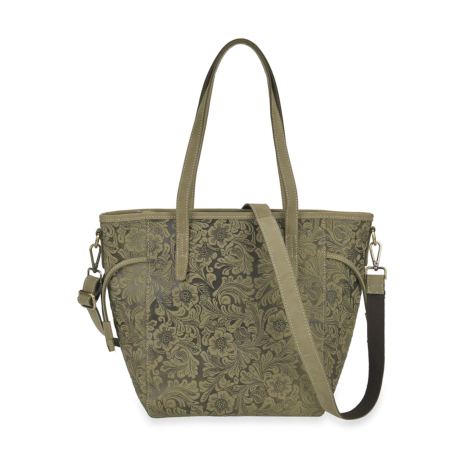 Italy Retro Noble Collection Green Genunie Leather Floral Embossed Crossbody Bag (16.9"x3.5"x11.8") with Shoulder Strap
