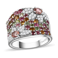 Blush Tourmaline, Multi-Tourmaline, Moissanite Ring in Rhodium Over Sterling Silver (Size 10.0) 2.35 ctw