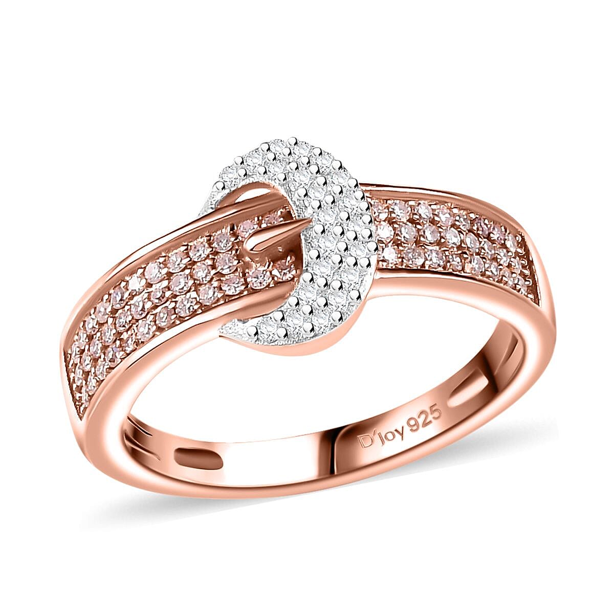 Natural Pink and White Diamond Buckle Ring in 18K Vermeil RG Over Sterling Silver (Size 10.0) 0.33 ctw