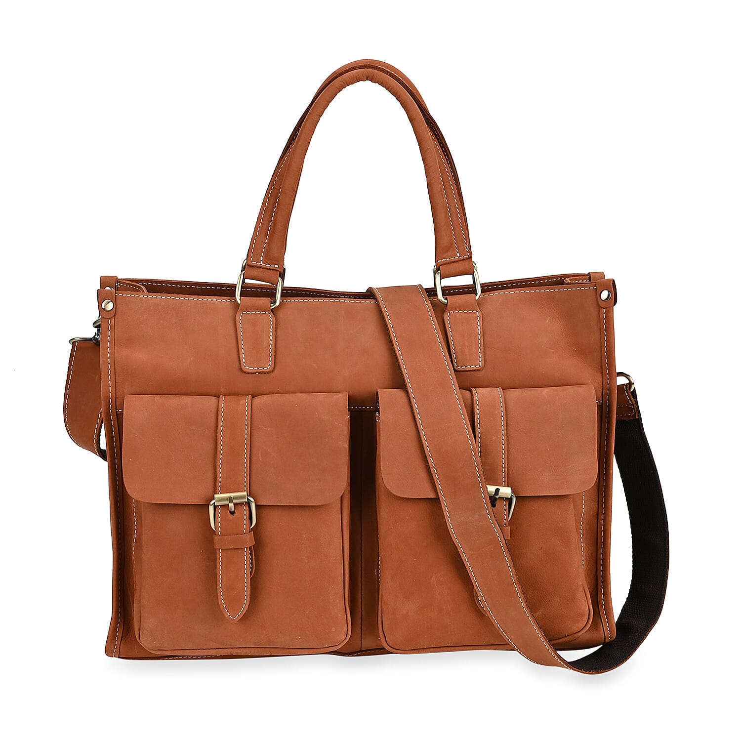 Italy Retro Noble Collection Yellow Genuine Leather Multiple Pockets Tote Bag (15.35"x3.98"x11.8") with Shoulder Strap