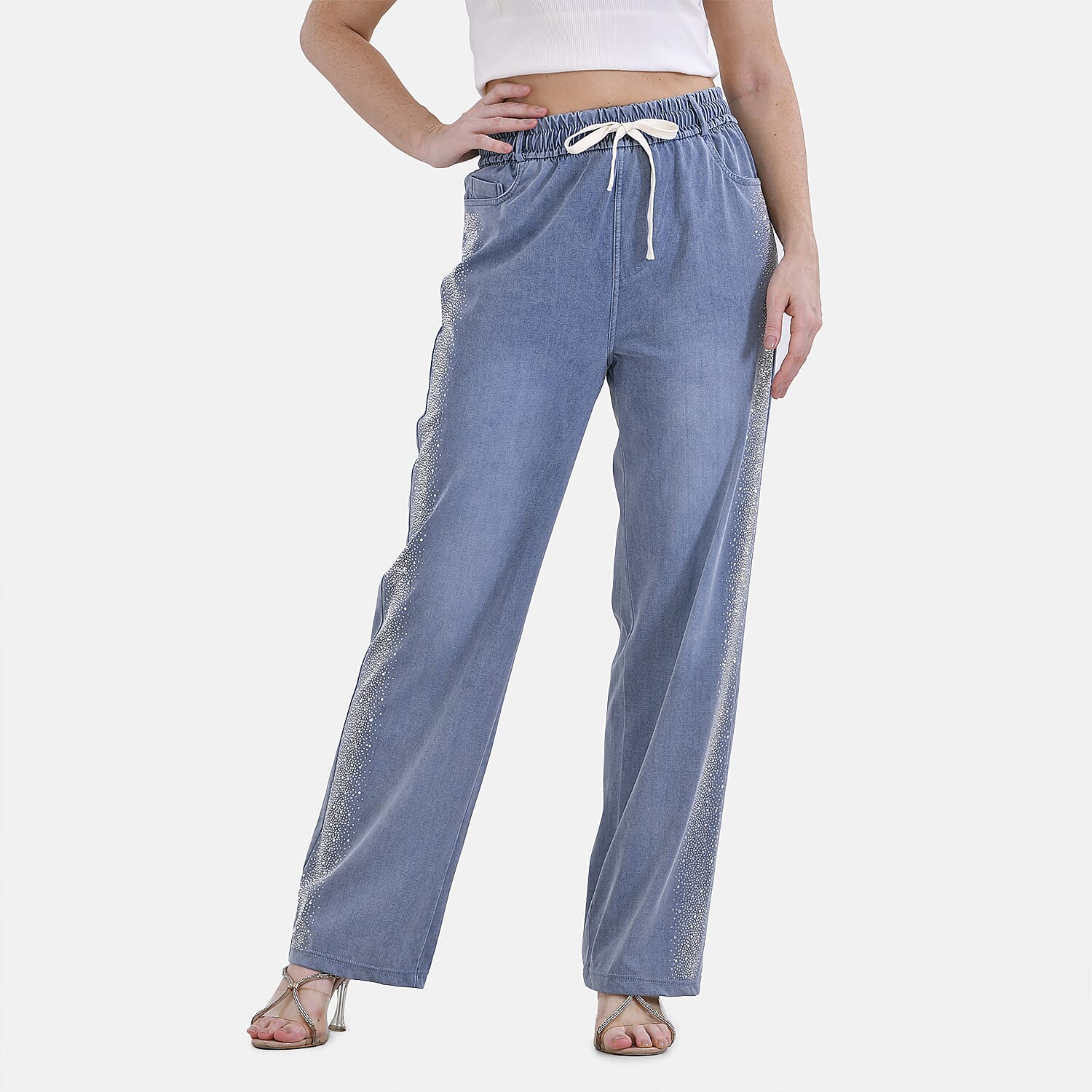 TLV Tamsy Light Stripe Rhinestone Stretch Denim Pant with Pockets - Size S-L