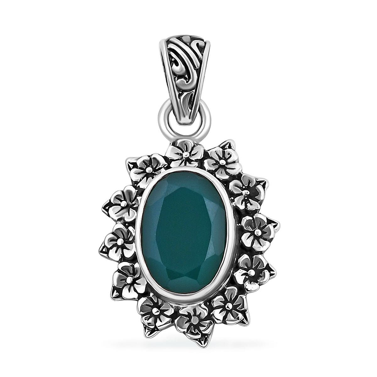Bali Legacy Verde Onyx 5.20 ctw Floral Pendant in Sterling Silver