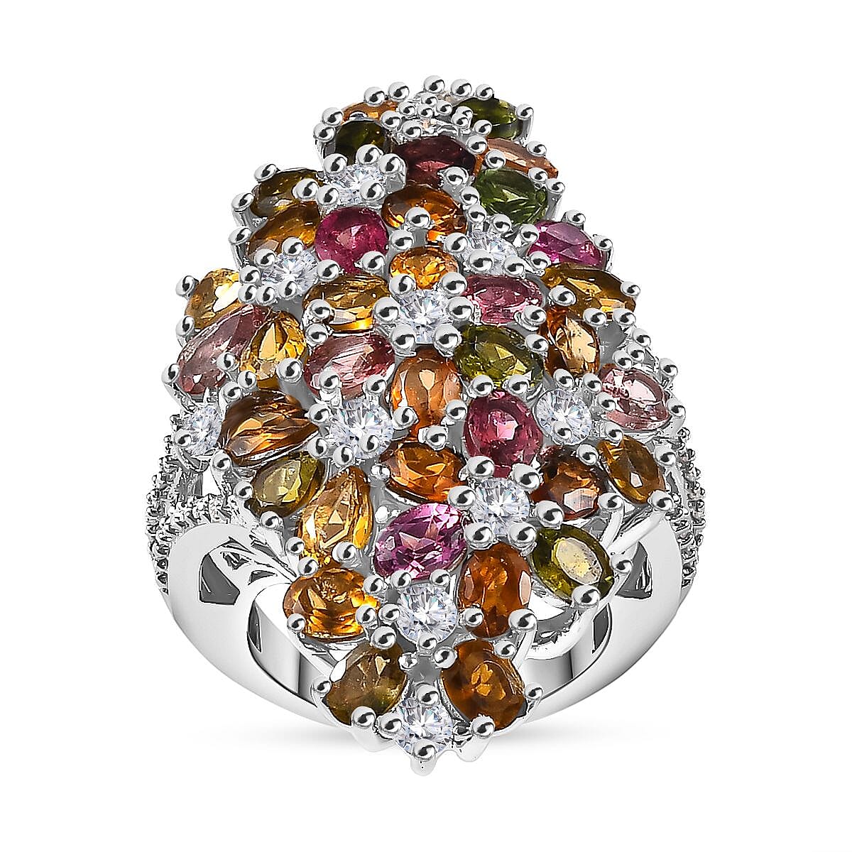 Multi-Tourmaline, Moissanite Ring in Rhodium Over Sterling Silver (Size 10.0) 7.50 ctw