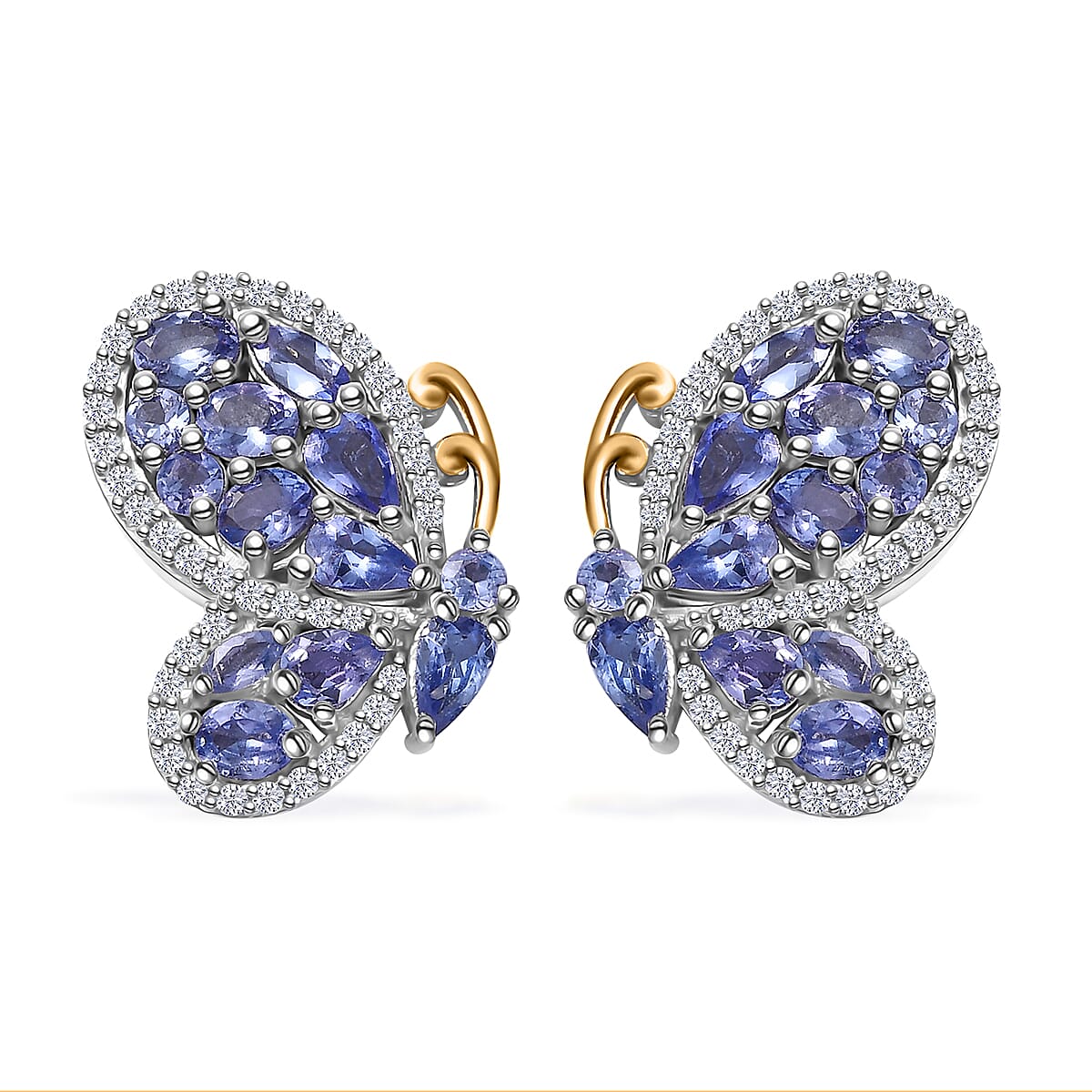 D'Joy Tanzanite and White Zircon 4.35 ctw Butterfly Earrings in 18K Vermeil YG and Rhodium Over Sterling Silver