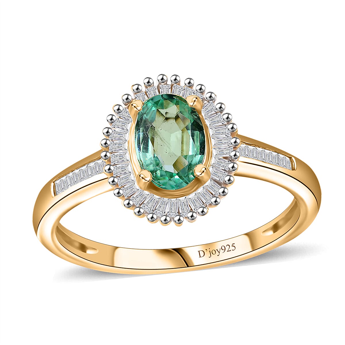 Boyaca Colombian Emerald, Diamond (0.20 cts) Sunburst Ring in 18K Vermeil YG Over Sterling Silver (Size 9.0) 0.90 ctw