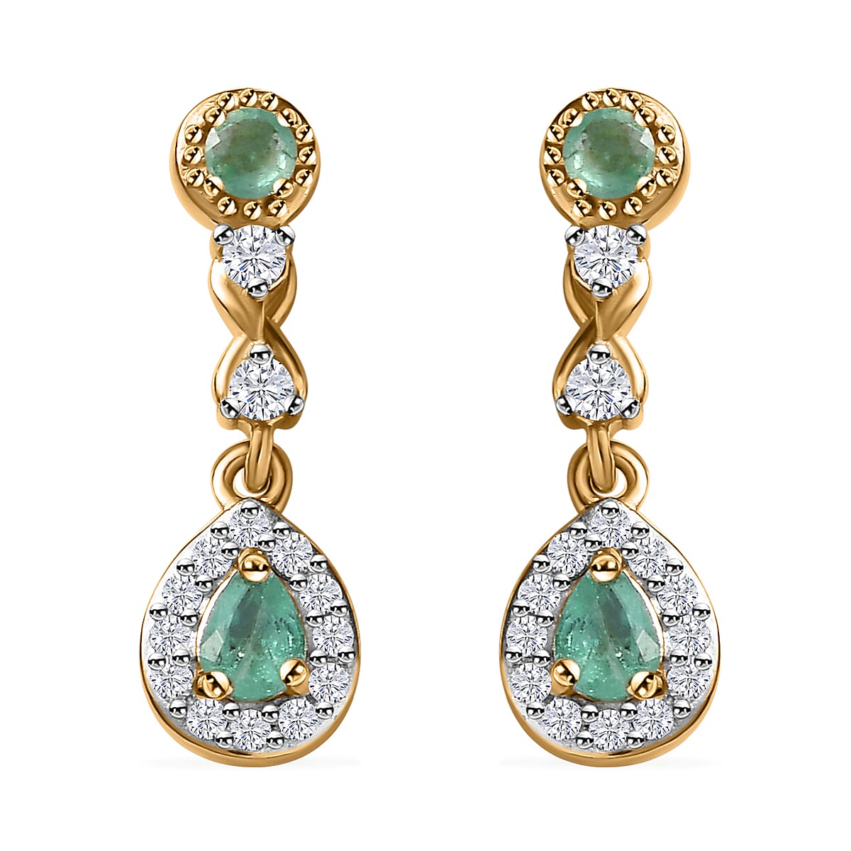 Boyaca Colombian Emerald and White Zircon 1.35 ctw Infinity Dangle Earrings in 18K Vermeil Yellow Gold Over Sterling Silver