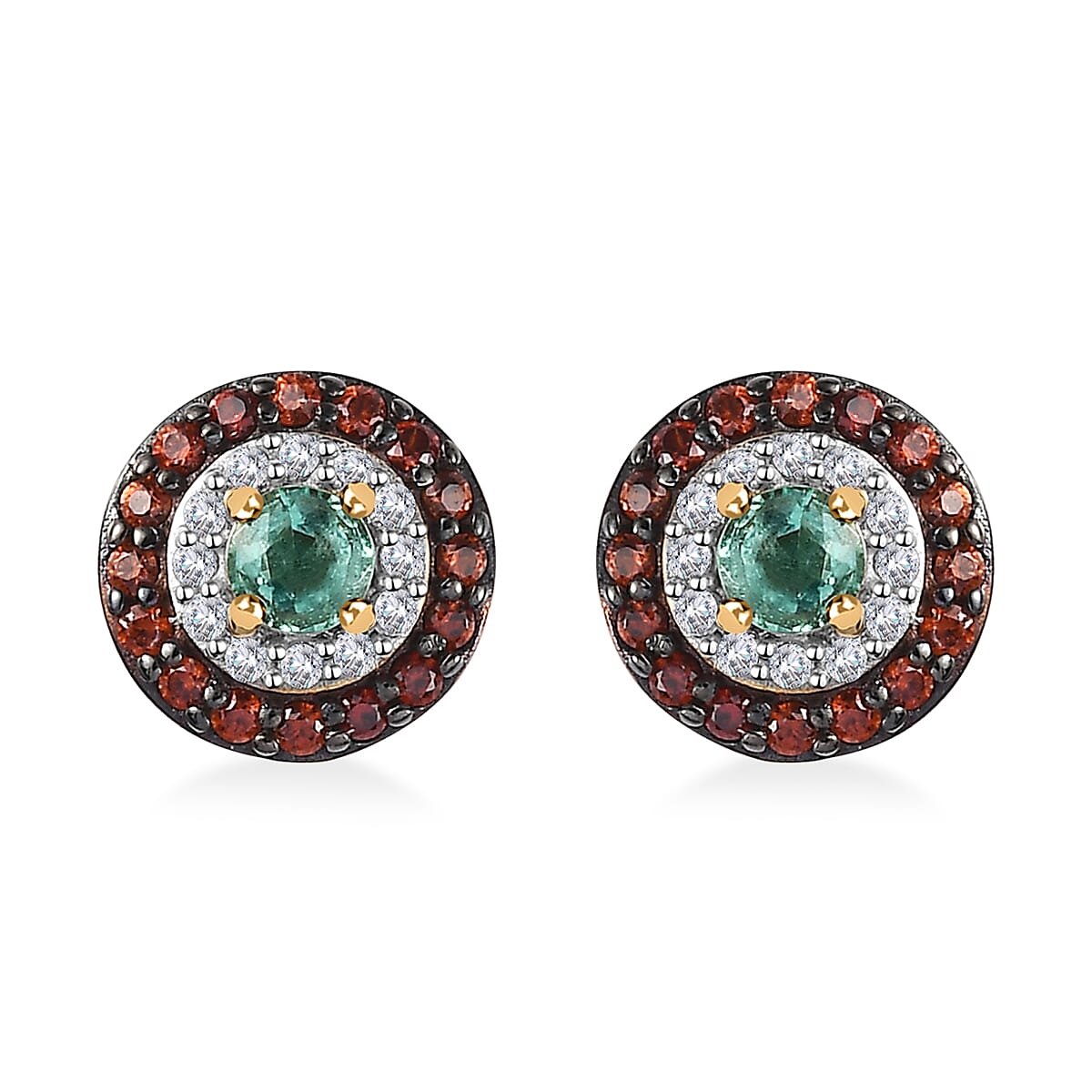 D'Joy Boyaca Colombian Emerald, Brown and White Zircon 0.85 ctw Mystic Halo Earrings in 18K Vermeil Yellow Gold Over Sterling Silver