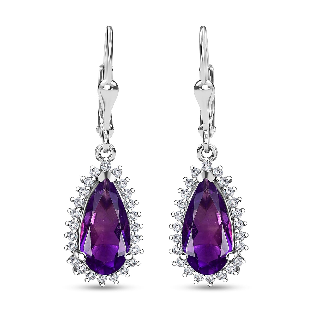 African Amethyst and White Zircon 4.10 ctw Lever Back Earrings in Rhodium Over Sterling Silver