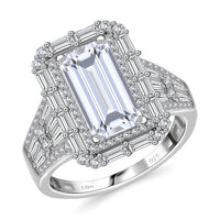 TLV Moissanite (Bgt 12x6mm) Baguette Shape Ring in Rhodium Over Sterling Silver (Size 10.0) 4.70 ctw