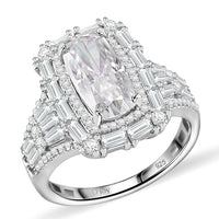 TLV Moissanite (Bgt 12x6mm) Baguette Shape Ring in Rhodium Over Sterling Silver (Size 10.0) 4.70 ctw