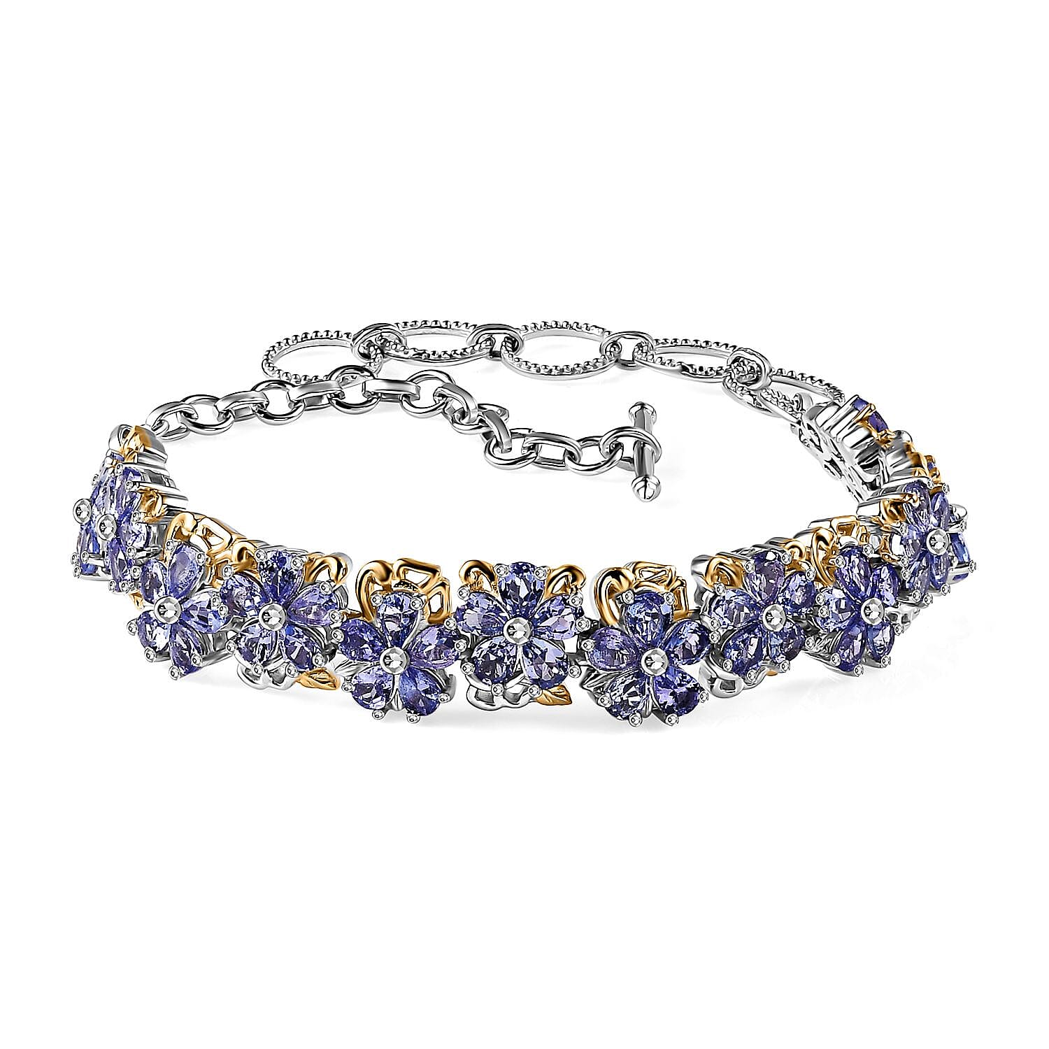 D'Joy Tanzanite 8.50 ctw Toggle Clasp Floral Bracelet in 18K Vermeil YG and Rhodium Over Sterling Silver (6.50-8.0In)