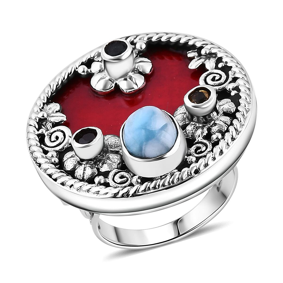 TLV Bali Legacy Sponge Coral, Larimar and Multi Gemstone Ocean Bloom Ring in Sterling Silver (Size 10.0) 2.75 ctw