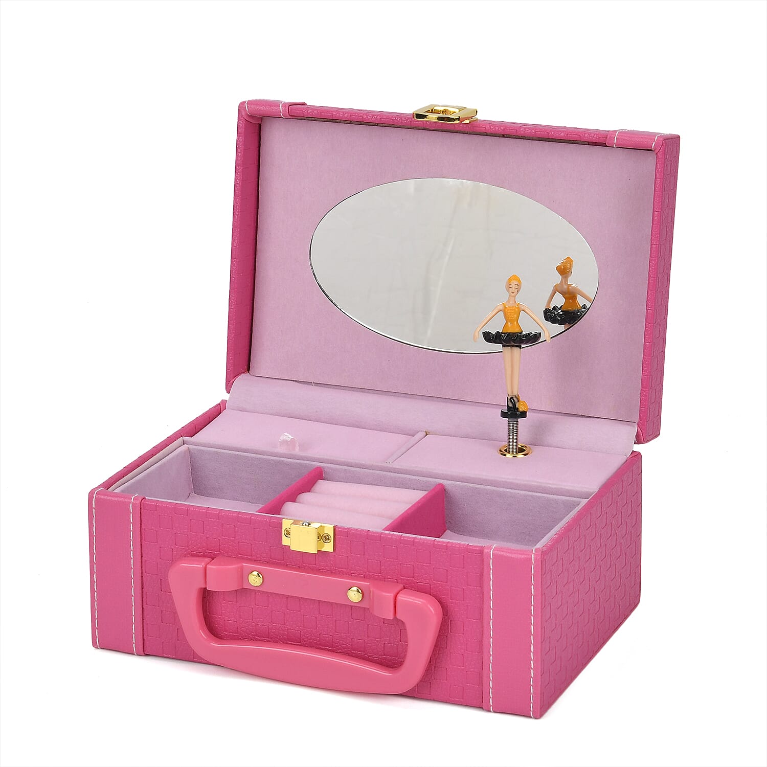 Pink and Rose Red Woven Texture Faux Leather 2 Layer Musical Jewelry Box