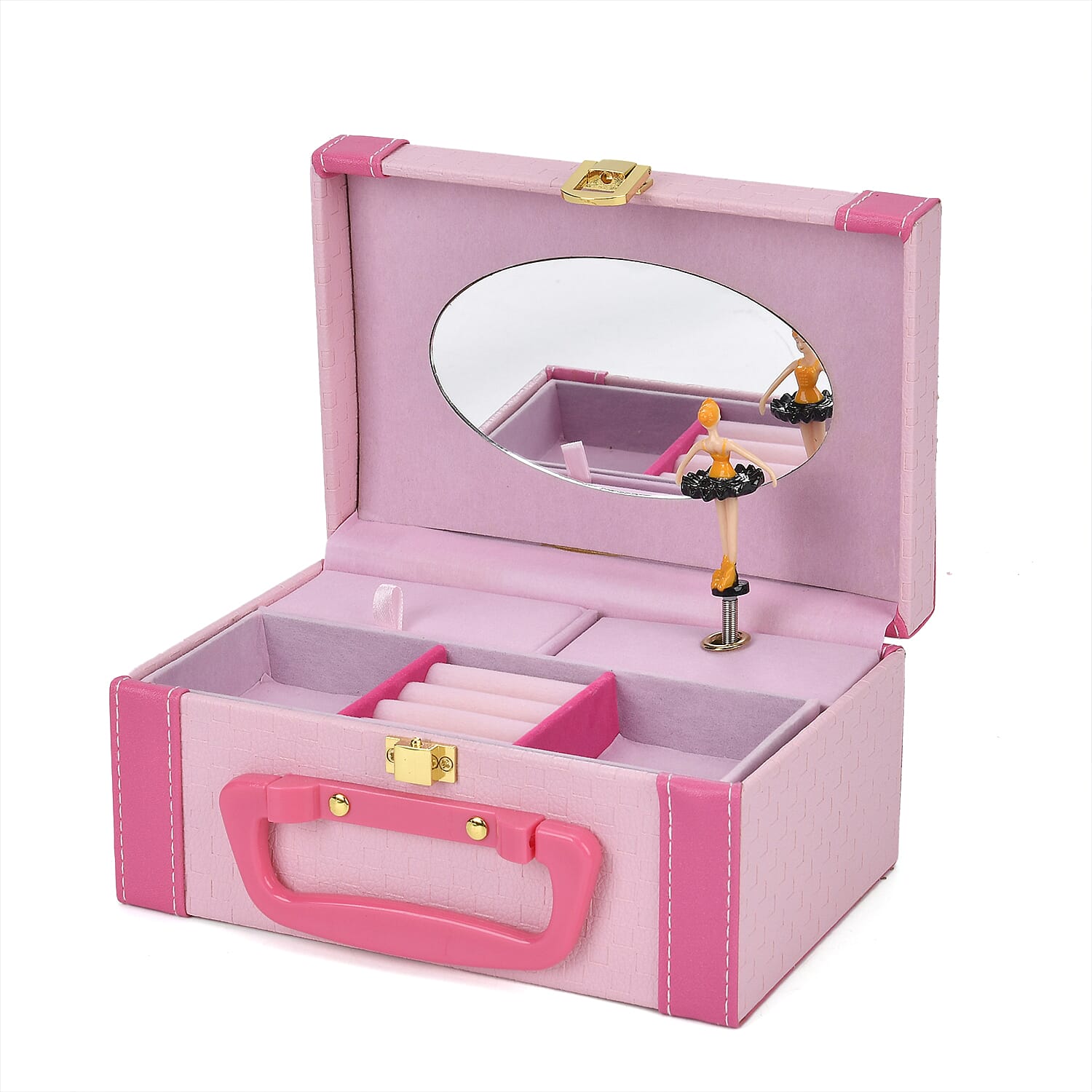 Rose Red and Pink Woven Texture Faux Leather 2 Layer Musical Jewelry Box