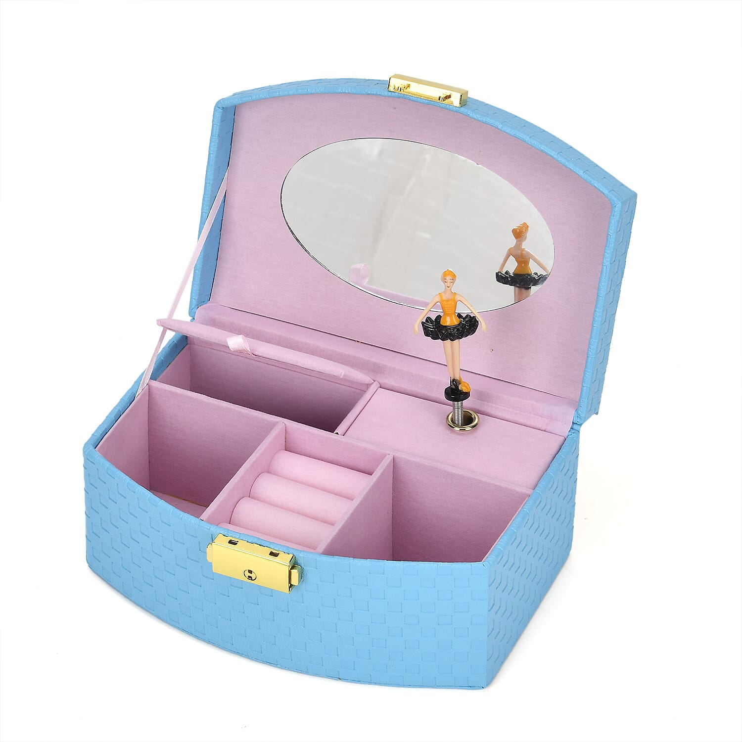 Blue Fan Shape Faux Leather Music Jewelry Box with Handle