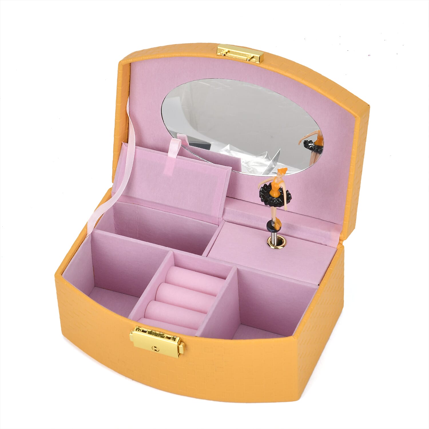 Yellow Fan Shape Faux Leather Music Jewelry Box with Handle