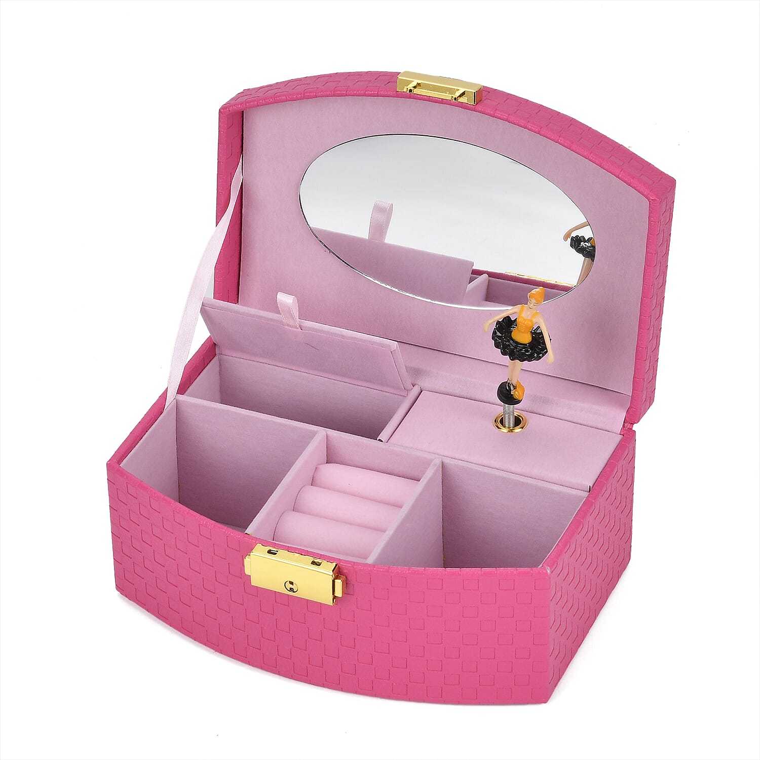 Rose Red Fan Shape Faux Leather Music Jewelry Box with Handle