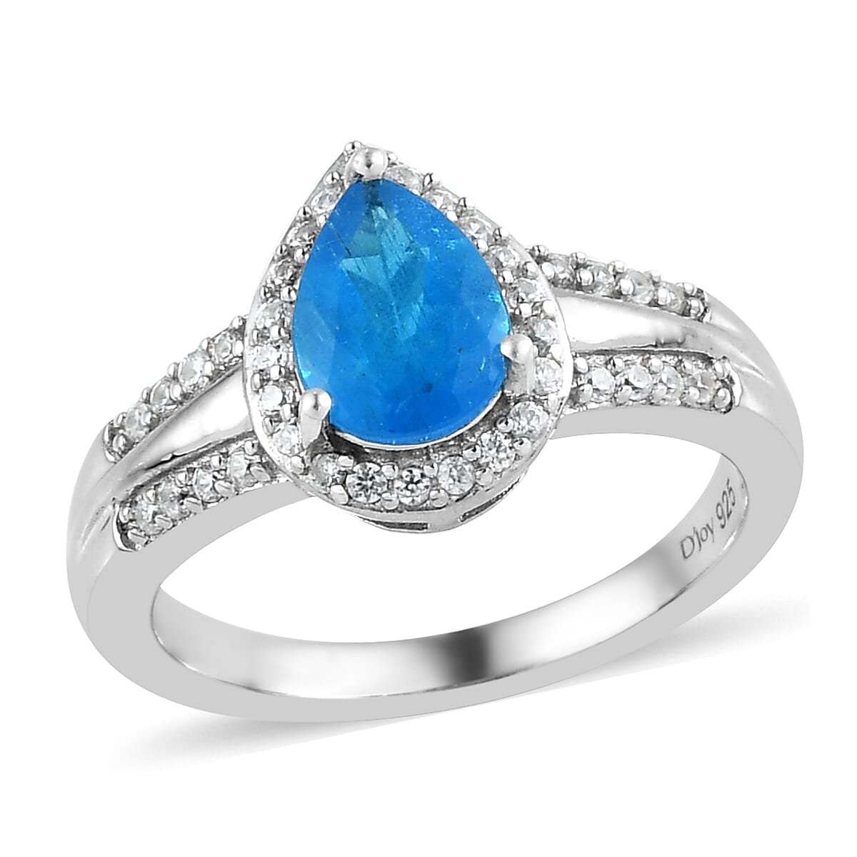 Malgache Neon Apatite, Natural White Zircon Split Shank Ring in Platinum Over Sterling Silver 1.50 ctw
