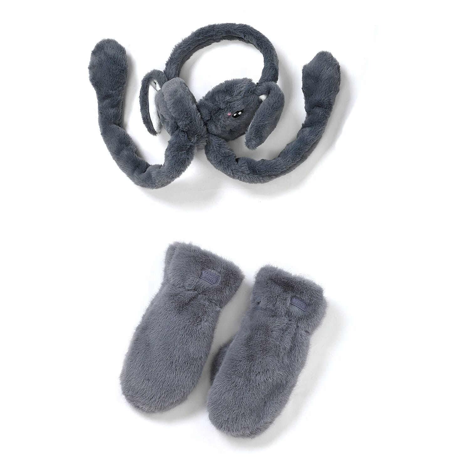 Dark Gray Earmuffs with Moving Ears (21") and 1 Pair Gloves Set (10.4"x4.7")