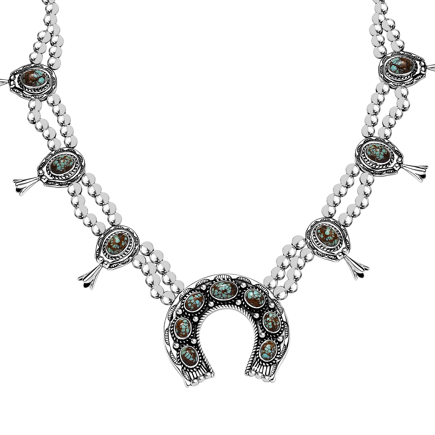 D'Joy Artisan Crafted Blue Horizon Turquoise 12.65 ctw Horseshoe Squash Blossom Necklace in Sterling Silver 18 Inches