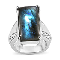 Malagasy Labradorite Solitaire Classic Ring in Stainless Steel