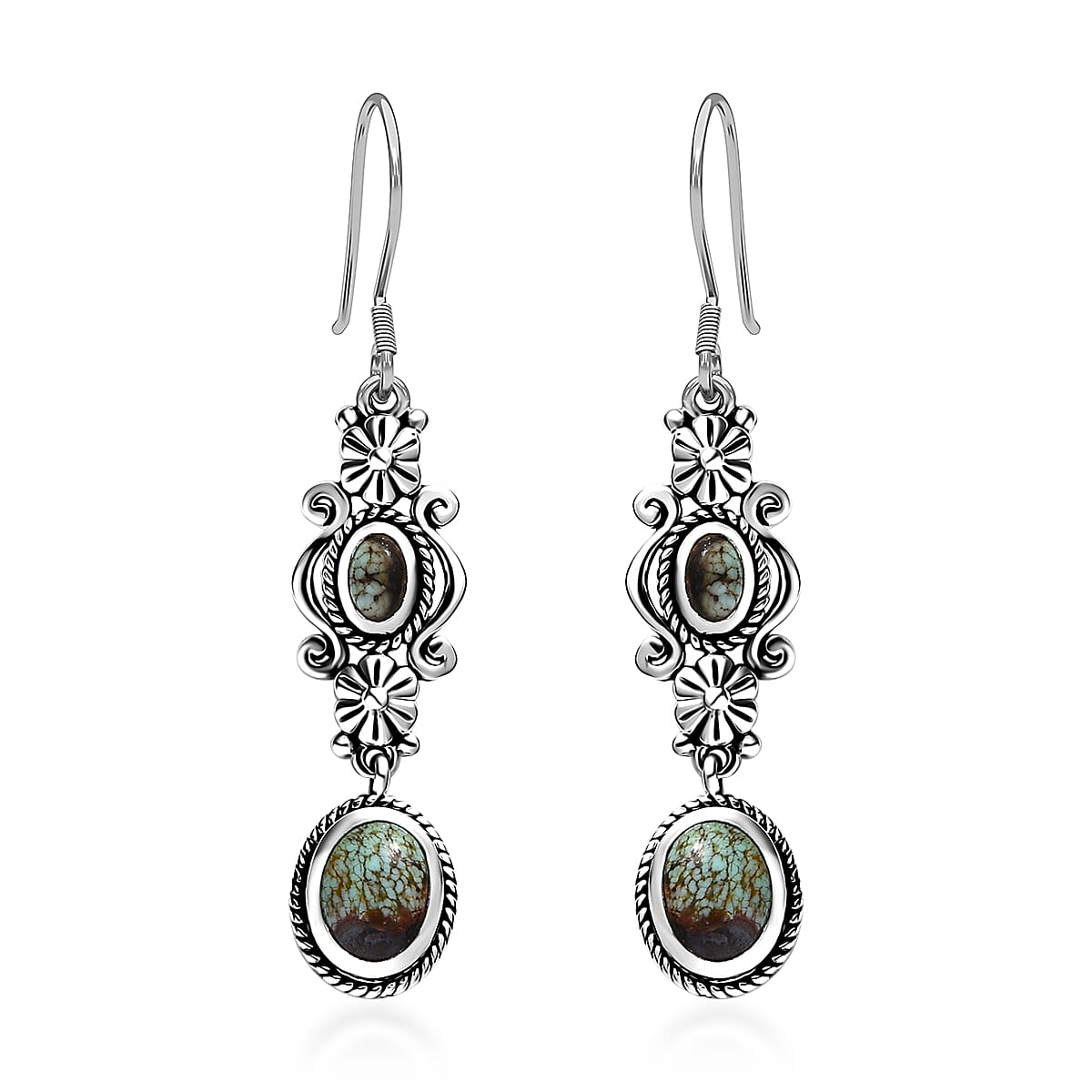 Artisan Crafted Blue Horizon Turquoise 2.50 ctw Floral Earrings in Black Oxidized Sterling Silver