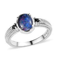 Boulder Opal Triplet, Midnight Sapphire Ring in Stainless Steel (Size 10.0) 1.00 ctw
