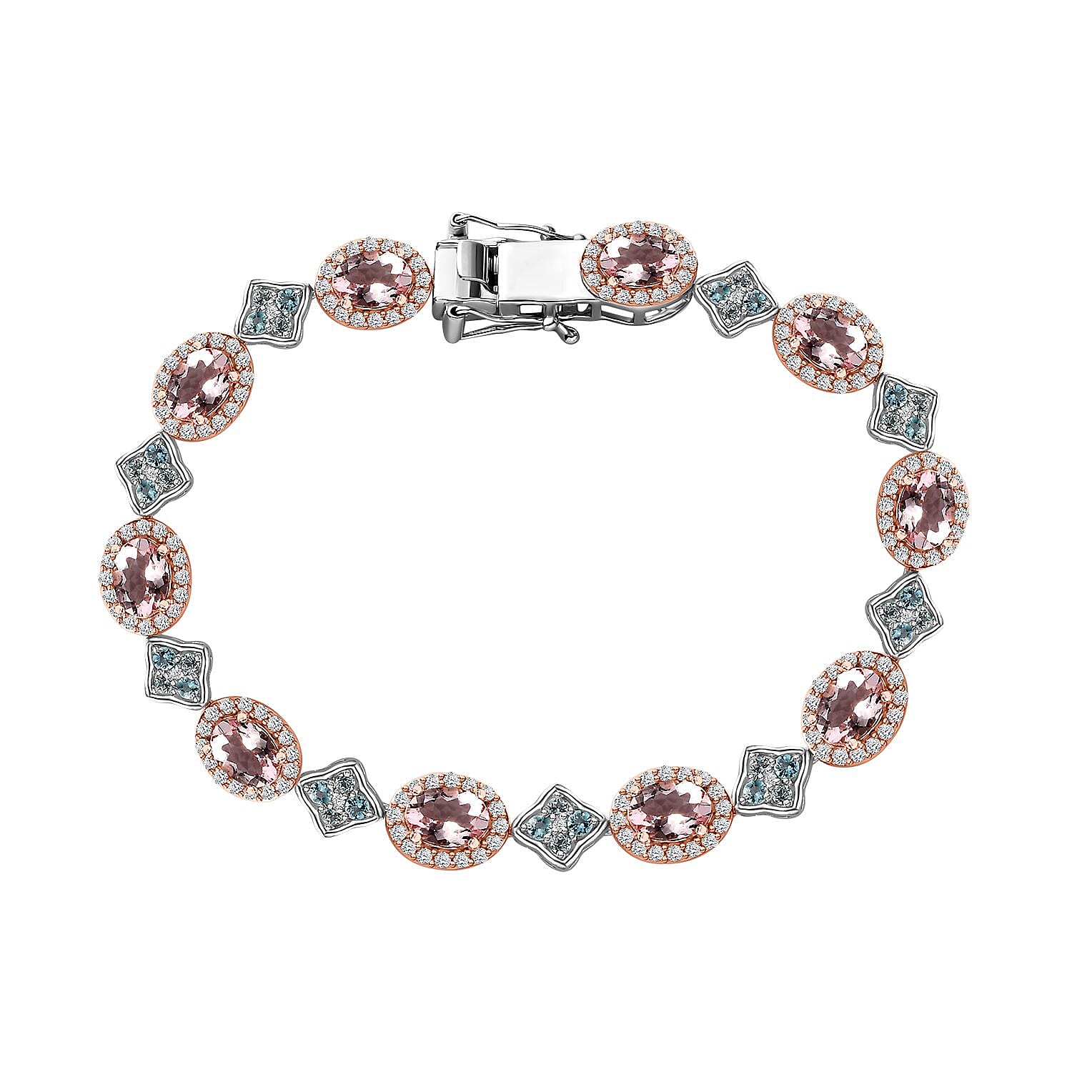 Premium Pink Morganite, Multi Gemstone Halo and Floral Bracelet in 18K Vermeil RG and Rhodium Over Sterling Silver (7.25 In) 11.50 ctw