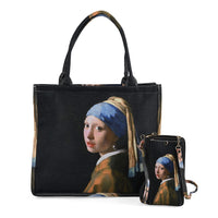 2-piece Set Van Gogh Starry Night Painted Tote Bag (15.9"x4.7"x13.6") and Cellphone Bag (7.9"x4.3"x0.78")