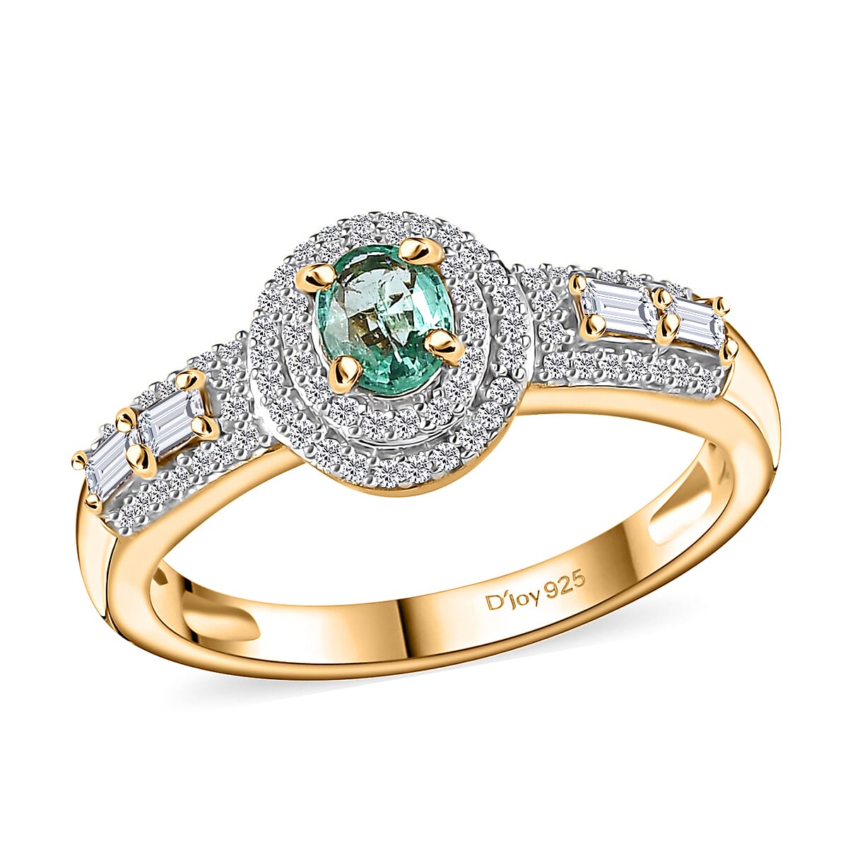 Boyaca Colombian Emerald, White Zircon Ring in 18K Vermeil YG Over Sterling Silver (Size 10.0) 1.30 ctw