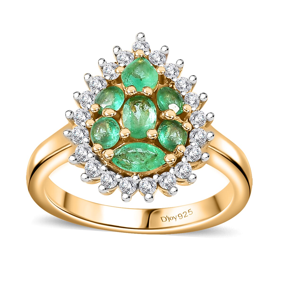 Premium Boyaca Colombian Emerald, White Zircon Green Lake Trek Ring in 18K Vermeil YG Over Sterling Silver (Size 6.0) 1.30 ctw