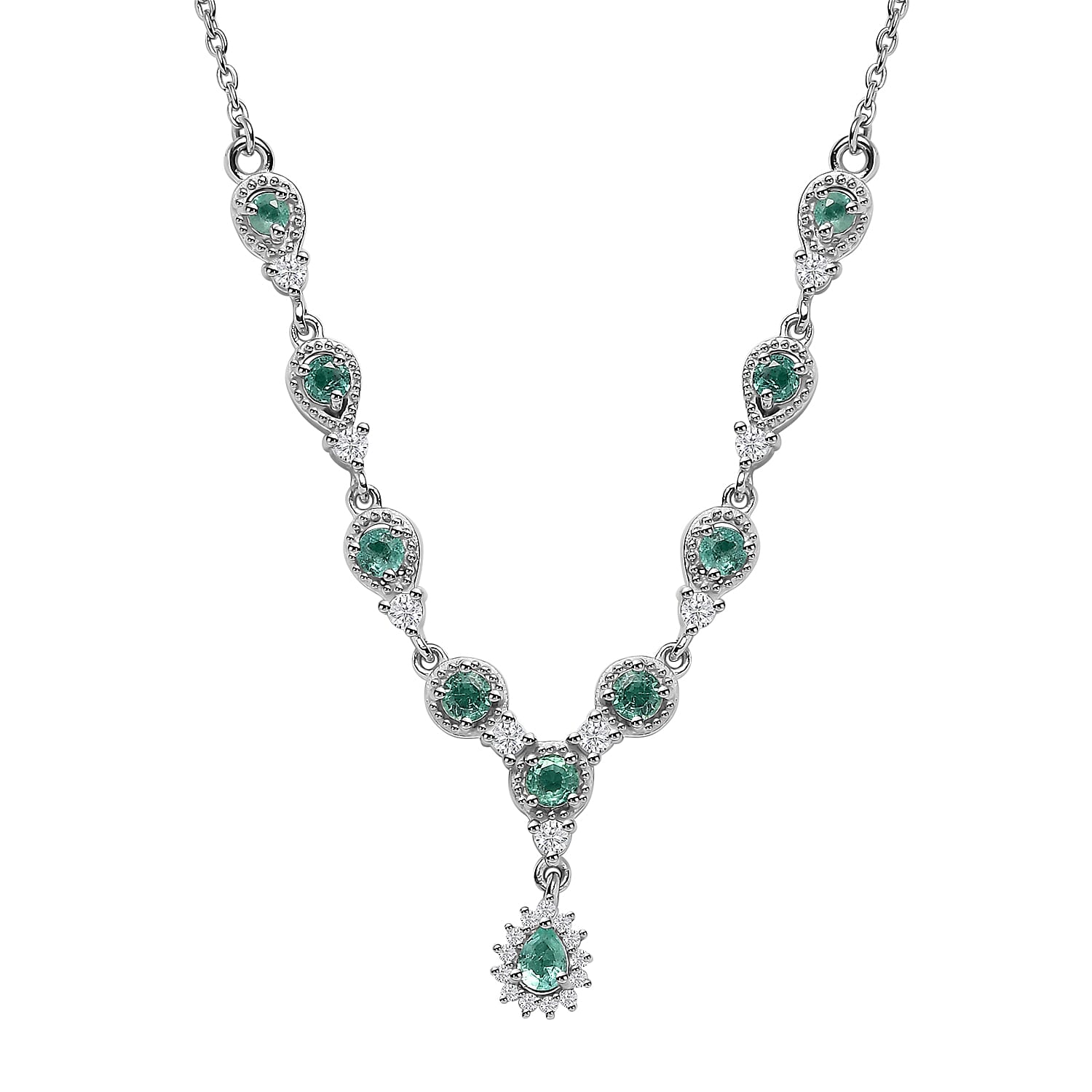 Boyaca Colombian Emerald and White Zircon 1.50 ctw Raindrop Necklace in Rhodium Over Sterling Silver 18 Inches