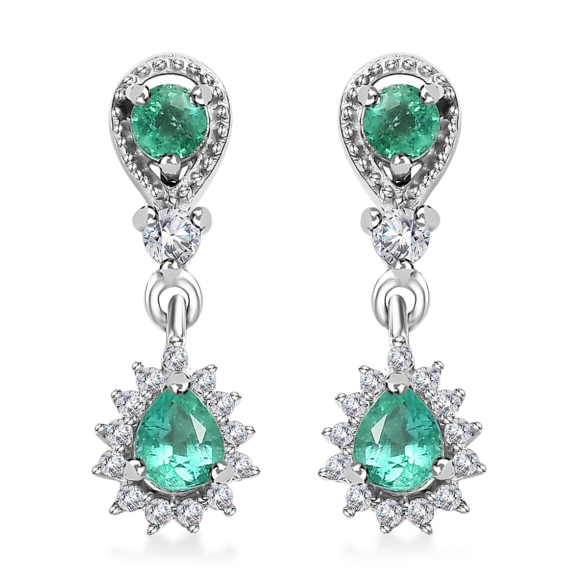 D'Joy Boyaca Colombian Emerald and White Zircon 0.90 ctw Raindrop Earrings in Rhodium Over Sterling Silver