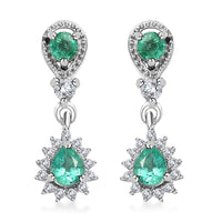 D'Joy Boyaca Colombian Emerald and White Zircon 0.90 ctw Raindrop Earrings in Rhodium Over Sterling Silver