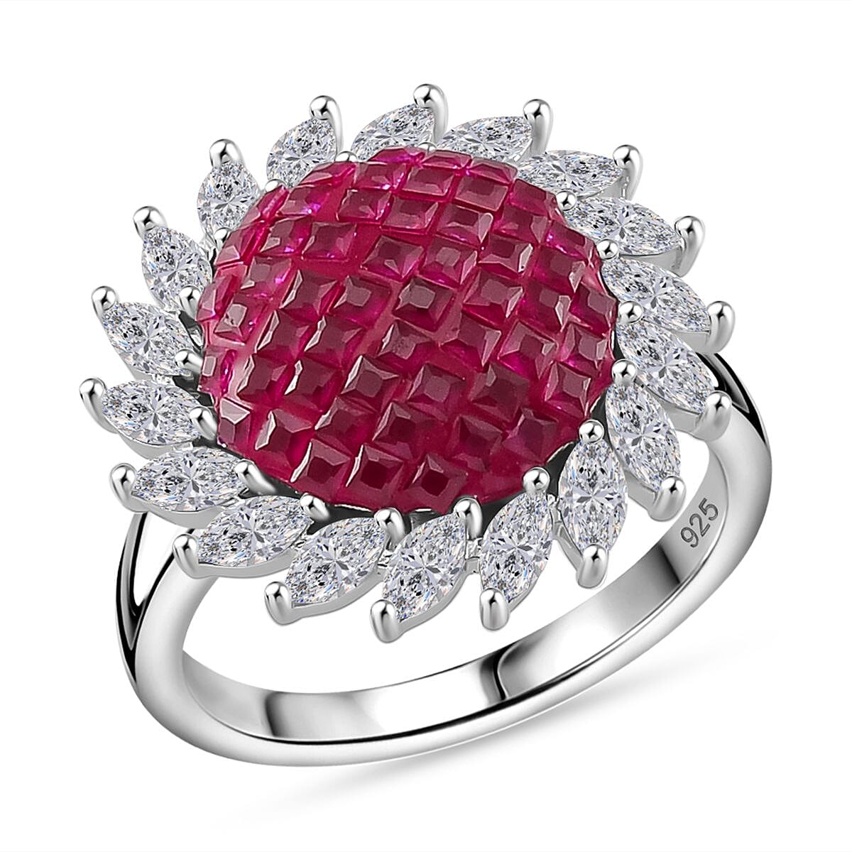 Simulated White and Ruby Color Diamond Sunflower Ring in Rhodium Over Sterling Silver (Size 10.0)
