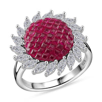 Simulated White and Ruby Color Diamond Sunflower Ring in Rhodium Over Sterling Silver (Size 10.0)